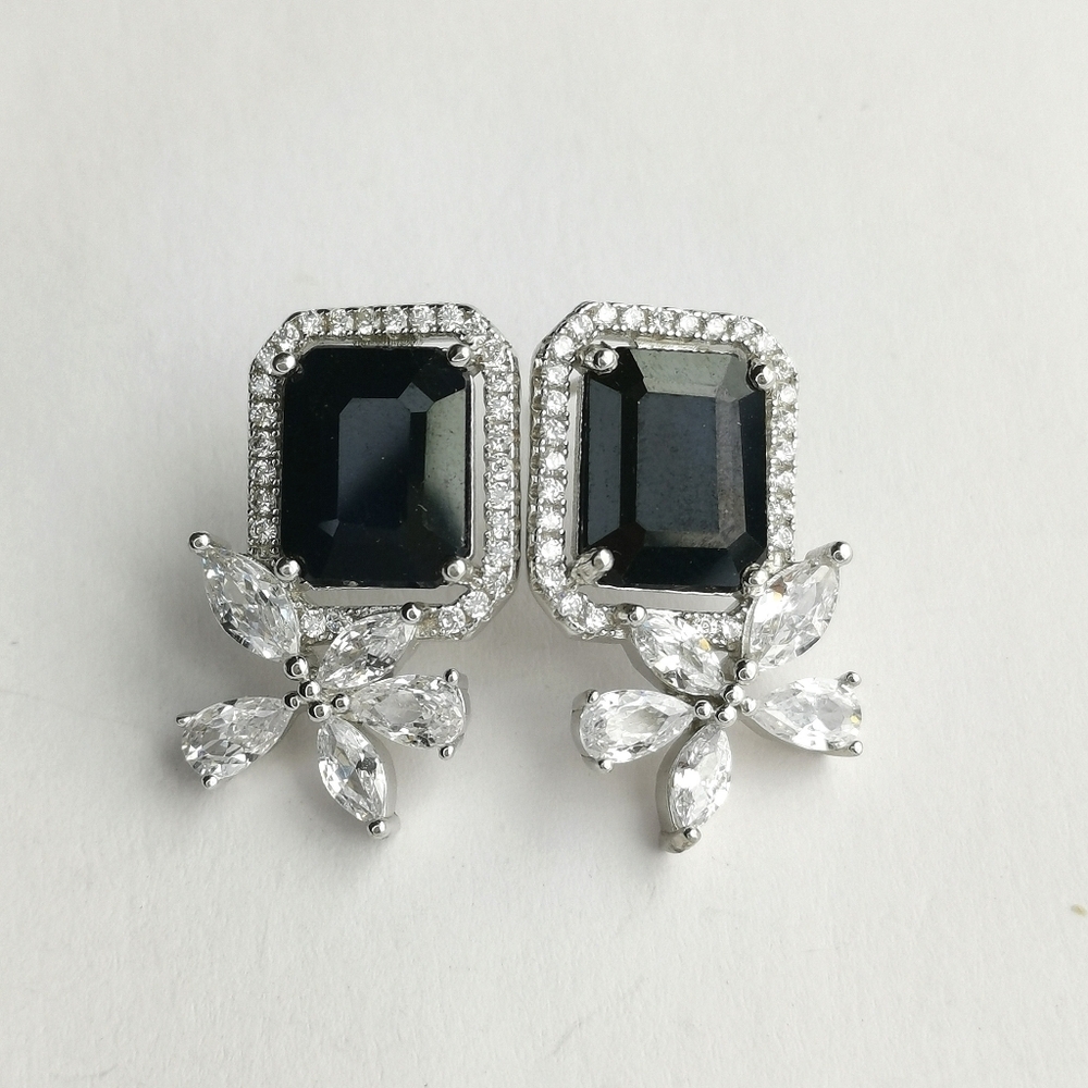 Natural Blue Sapphire Earrings White Sapphire Accents Studs